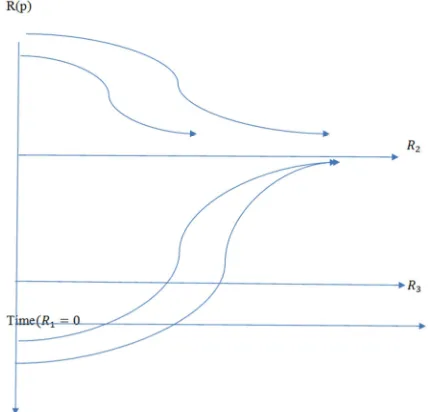Figure 5. The geometric representation of three functions, with three distinct R_0, R_1 and R_2following changes in the tax effort, P_0, P_1 and P_3 and separate points of intersection defined uniquely and with different meanings