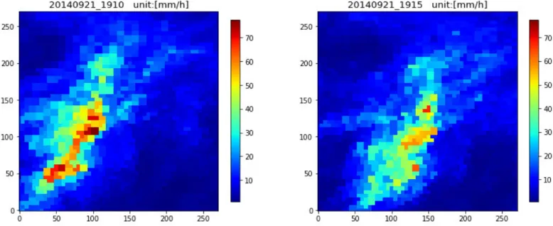 Figure 3.7: Downscaled radar maps of rain rate by the nearest neighbor method.