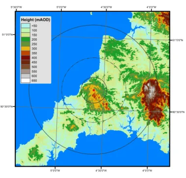 Figure 4.4: Surface elevation of Cornwall in region surrounding Davidstow radar site.