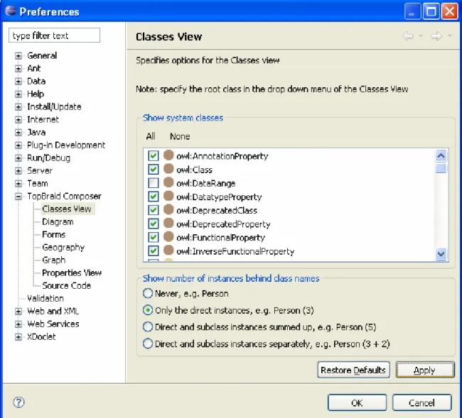 Figure 11: Preferences dialog for classes 