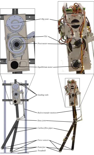 Fig. 10.Mechanical design of the bipedal robot. Left is the CAD drawing and right a photograph of the realized robot.