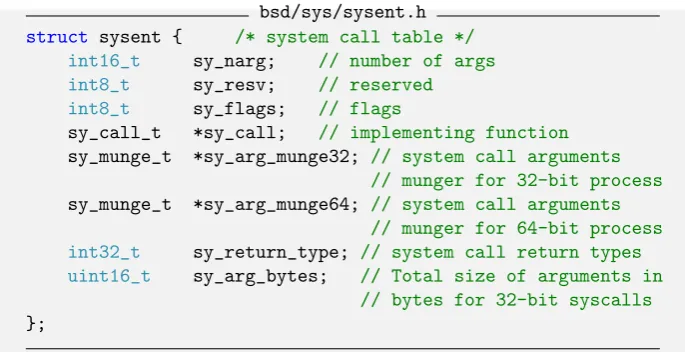 table called the mach_trap_table, similar to the BSD sysent table. There
