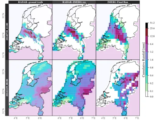 Figure 2.1: Comparison of 30-min rainfall maps. (left) Radar or ground truth, (center) radar at IMERG resolution, and (right) IMERG