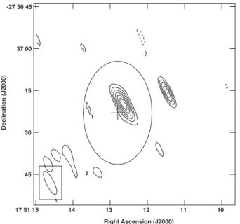 Figure 1. A continuum VLA image at 1.5 GHz of two radio sources. The steep spectrum pulsar candidate lies near the centre with an ellipse showing the original TGSS ADR beam and a cross indicating the estimate 1 σ error in this position
