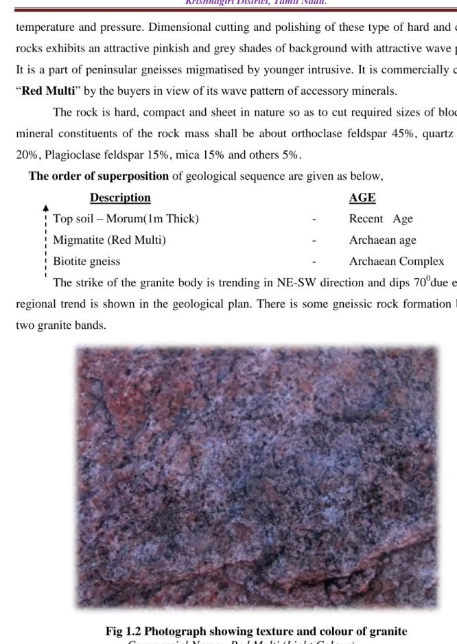 Fig 1.2 Photograph showing texture and colour of granite    Commercial Name:  Red Multi (Light Colour) 
