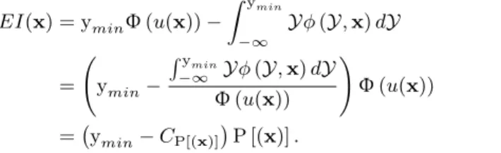 Fig. 1: Graphical interpretation of the expected improvement, corresponding to the product of the probability of improvenent P[I(x)] and the distance of its centroid to the current best evaluation |y min ,C P[I(x)] |