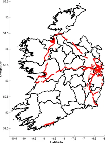 Figure 4.7: Distribution of GPS recordings from OpenCellID from devices active on the Meteor Network 0 5 10 15 20 2500.020.040.060.080.10.12 s (km)P(s)