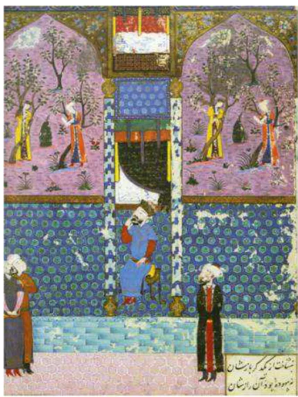 Figure 1. Chinese and Roman painters’ debate of Nizami’s Eskandar-nameh, painted by Behzad (Adopted from Barry, 2004)