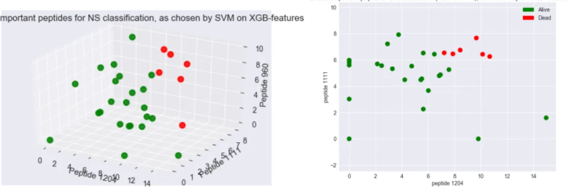 Figure 4.6: Plot of abundances of peptides used in 99% accuracy classification re- re-sult: (l) Top 3 peptides used for classification by SVM; (r) Top 2 features used for classification by SVM