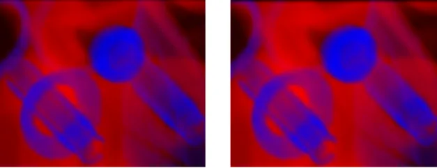 Figure 6: Interface of two resolutions: [left] six voxels at resolu- resolu-tion 1 (the first four in red color and the last two in cyan color) [right] one voxel at resolution 2 (red) and two voxels at resolution 1 (cyan).