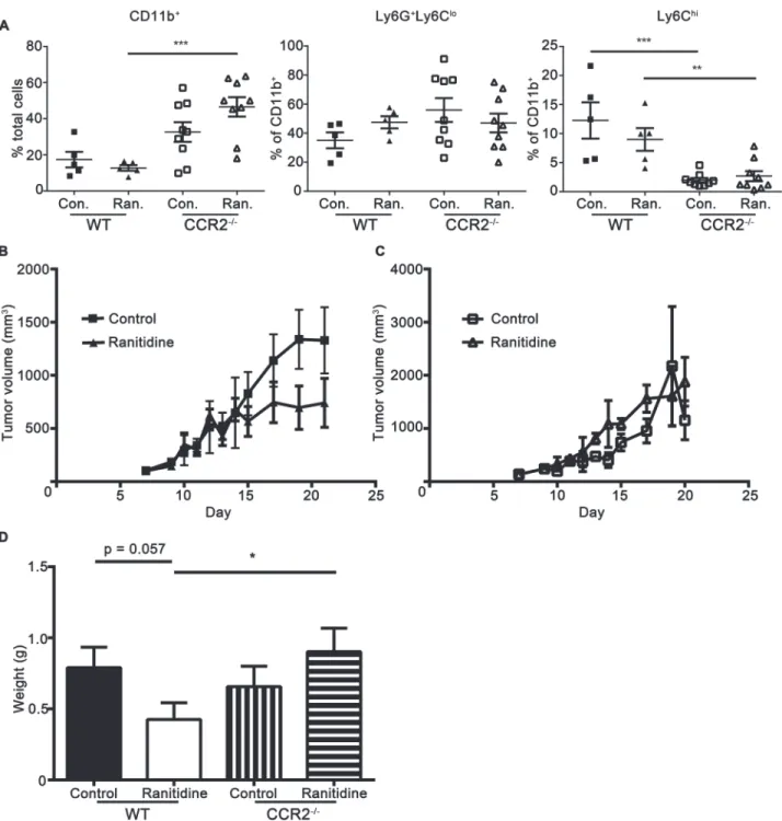 Figure 1: The impact of ranitidine on E0771 tumor progression is associated with changes in circulating monocytes