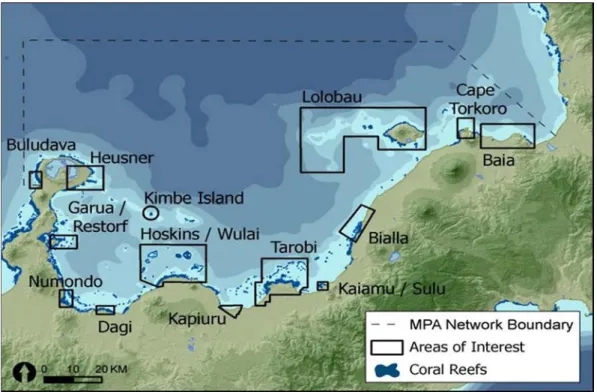 Figure 5. Spreading the risk: the design of a resilient MPA network in Kimbe Bay, Papua New Guinea shows where Areas of Interest were identified as potential MPAs