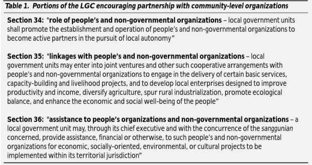 Table 1.  Portions of the LGC encouraging partnership with community-level organizations
