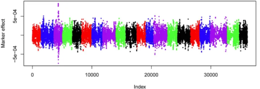Figure 4.  Estimates of the marker effect in genomic prediction with rrBLUP. The x-axis indicates the  position index of 35,683 SNP in the entire soybean genome