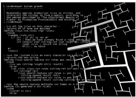 Figure 5.2: e Fluxus programming environment. e editor containing the source code of a program is embedded in the same 3D scene as its output