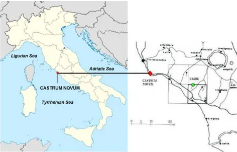Figure 1. The localization of Castrum Novum in Italy with a detail of the ancient settlements