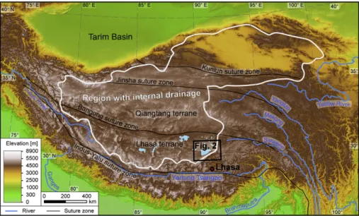 Fig. 1. Digital elevation model (90 m SRTM data) of the Tibetan Plateau and surrounding regions