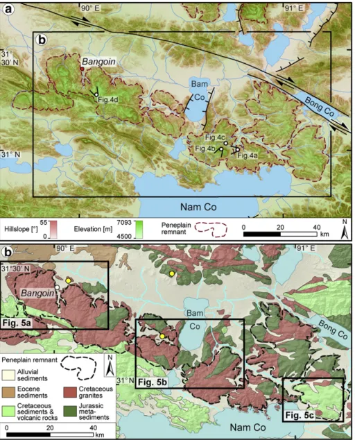Fig. 3. (a) Map of the study area illustrating the spatial variations in elevation (green) and hillslope angle (red)