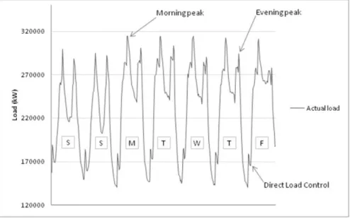 Figure 2: Load consumption of Week 4, July 2009 showing the actual  load and different peaks.