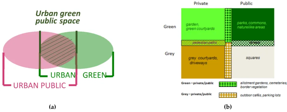 Figure 2. GI concerns both private and public areas. Urban public space is both green and non-green (a)