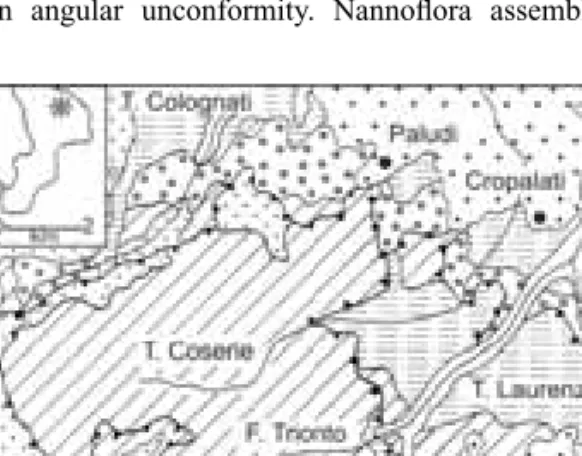 Figure 18 - Geological sketch map of the Longobucco  area. Key: 1 Alluvial deposits. 2