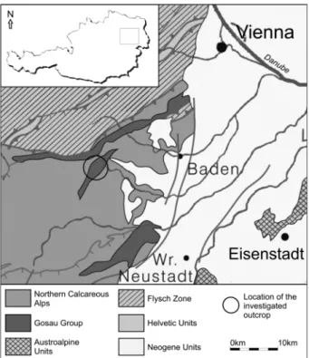 Figure 1:  Geological overview of the eastern margin of the Nor- Nor-thern Calcareous Alps (modified after Egger et al., 1999), and location  of the studied outcrop.______________________________________