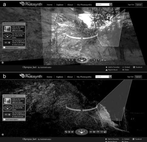 Figure 4:  a: 3D-view of the overlapping pictures in Photosynth . The software arranges the pic- TM tures according to the focal length and matched patterns, and thereby creates a panoramic view of  the scenery
