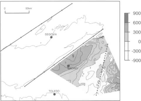 Fig.  15.  Air loaded tectonic subsidence values for the Tajo Basin. Contour interval is 200 m
