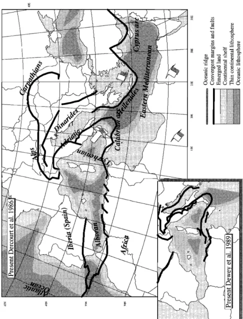Figure 7.  Present distribution of tectonic features and lithosphere types,  after  Dercourt et al