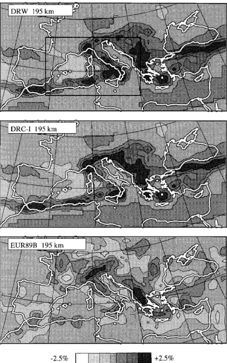Figure 15.  Regional  P-wave velocity structure at a  depth of 195 kID.  Panel ordering  and legend the same as in Figure 14