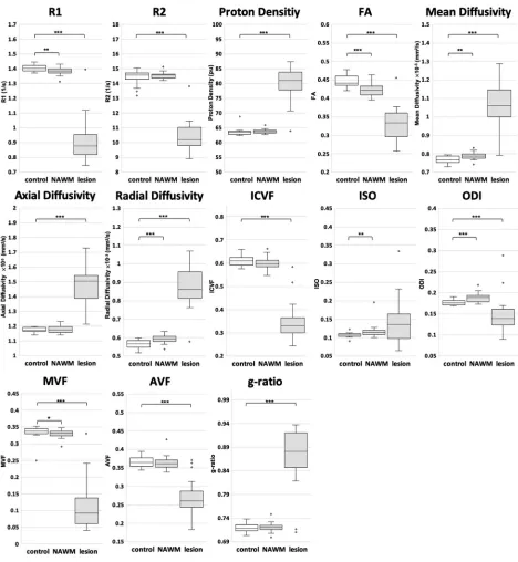 FIG 2. Quantitative metrics compared among the WM of healthy controls, NAWM of patients with MS, and WM lesions of patients with MS.among the groups
