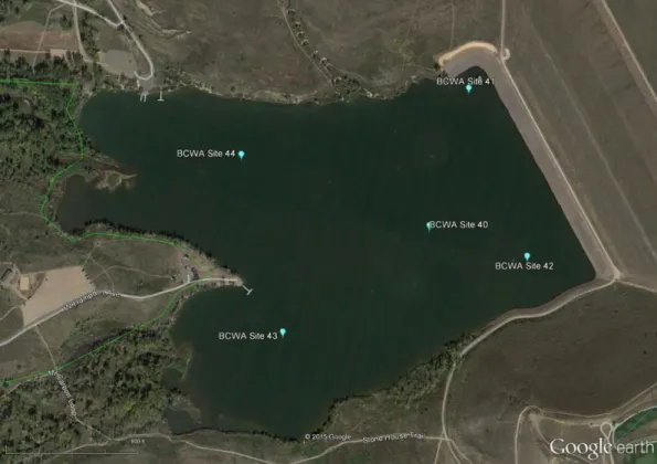 Figure 6  Reservoir Monitoring Stations; Site 2 is the Routine P1 Station (2015 image) 