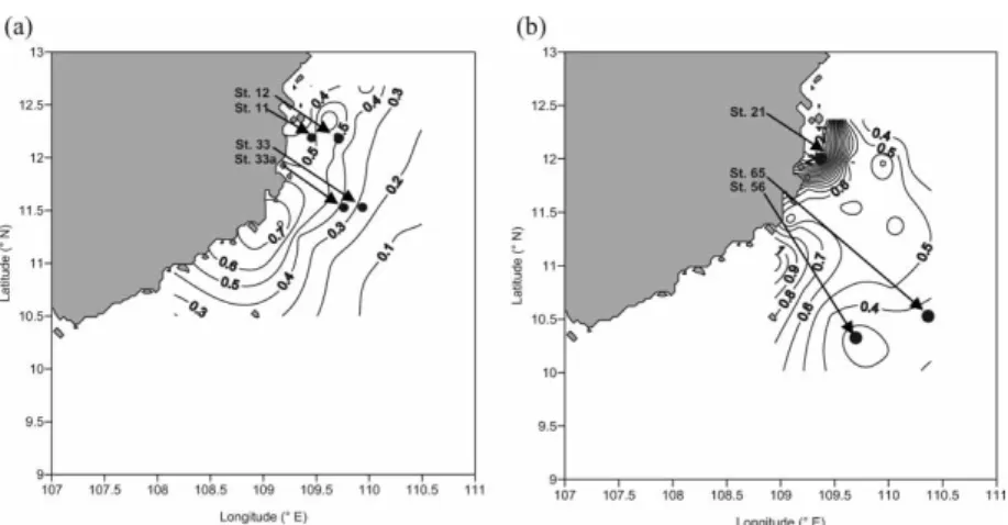 Figure 4. Normalised depths integrated Chl avalues over the upper 70 m of the water column from (a) SWM 2003 and (b) SWM 2004