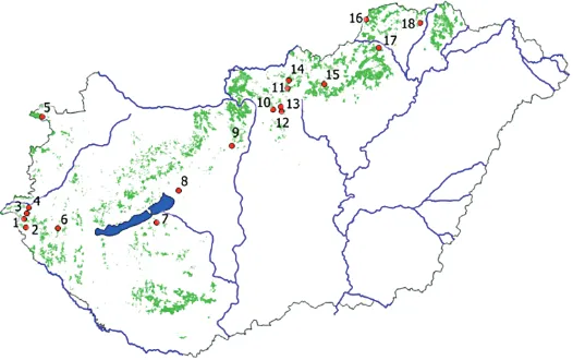 FigURe 1. The investigated sessile oak stands in Hungary