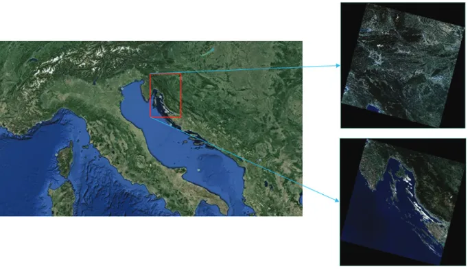 FIGURE 1. Landsat-8 images for the region of interest (45º33’41.83’’ N and 14º59’47.32’’ E) acquired during the summer 2014 (path/row 190/28 and 190/29)