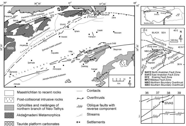 Fig. 1. Location and simplified geologic map showing tectonic units of the Sivas Basin.