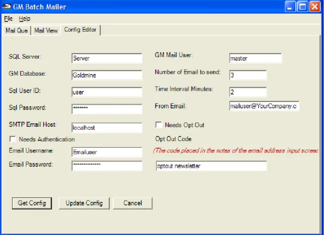 Figure 2 GM Batch Mailer (Sample Config Editor) Tab 