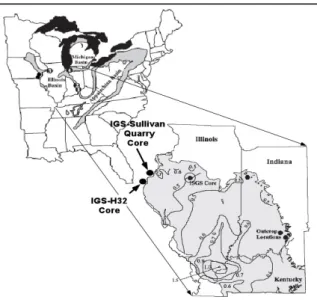 FIGURE 1.--Map showing distribution of Upper Devonian black shales of the New Albany Group in  the Illinois Basin, vitrinite reflection values, and locations of important cores under study