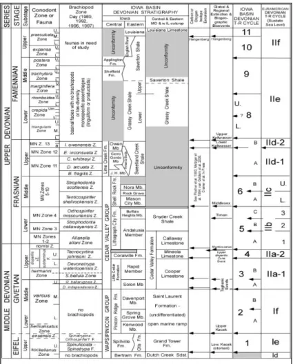 FIGURE 2.—Stratigraphic and biostratigraphic framework for the Middle-Late Devonian (late  Eifelian-Famennian) middle and outer shelf facies of the eastern part of the Iowa Basin showing  relationships between: the qualitative eustatic T-R cycles of Johnso