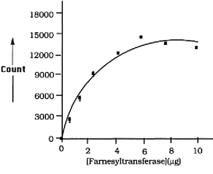 Figure 10: Variable addition of farnesytransferase in the SPA assay. Final  concentrations of 9 mM [ 3 H]-FPP, 100 nM biotinyl-lamin peptide,  and indicated concentrations of partially purified enzyme were  present in the assay and incubations were perform