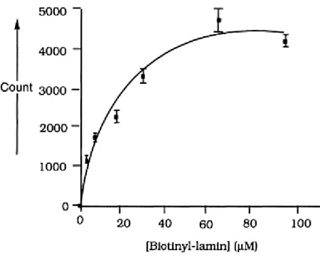 Figure 12: Variable addition of biotinyl-lamin in the SPA farnesyltransferase  assay. Final concentrations of Img of enzyme, 10 mM [ 3 H]-FPP, and  indicated concentrations of biotinyl-lamin were present; incubations  were performed for 60 minutes at room 