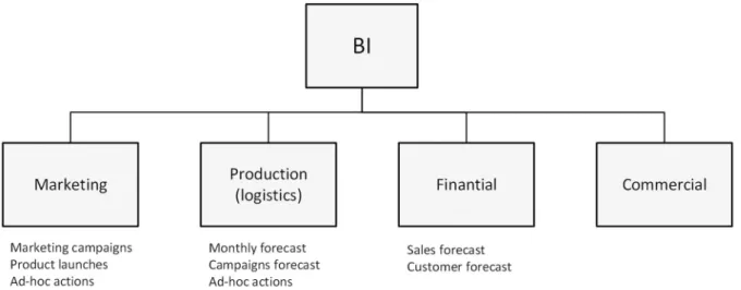 Figure  1  shows  the  interactions  of  the  BI  department  with  the  other  areas  of  the  organization