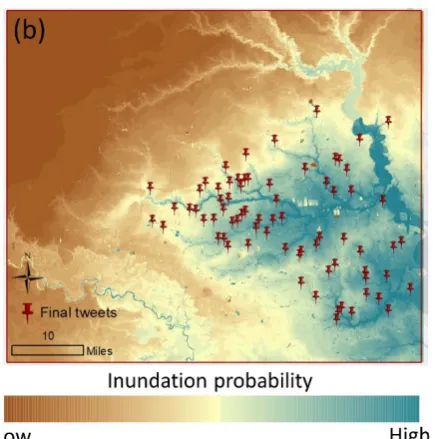 Figure 4. (a) Spatial distribution of final tweets selection;  (b) Inundation probability map using selected flood relevant tweets