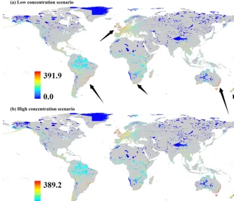 Figure 2. Relationship of the pathway degrees for invasive plantspecies (IPS) in protected areas (PAs) between low- and high-gas-concentration scenarios.