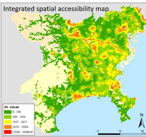 Figure 4. Integrated urban green space accessibility map derived by applying a maximum value operator to the OSM-, MLIT-, and ESRI-derived accessibility maps