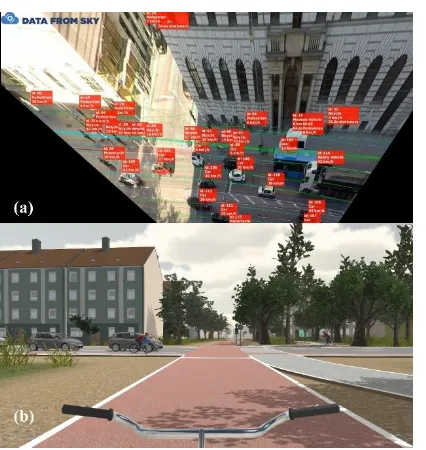 Figure 1. Sources of bicycle trajectory extraction with (a) video observations from static cameras, and, (b) test rides in a VR environment