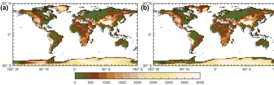 Figure 3. Orography (m) in the two ice sheet conﬁguration ensembles: (a) modice ensemble and (b) lowice ensemble