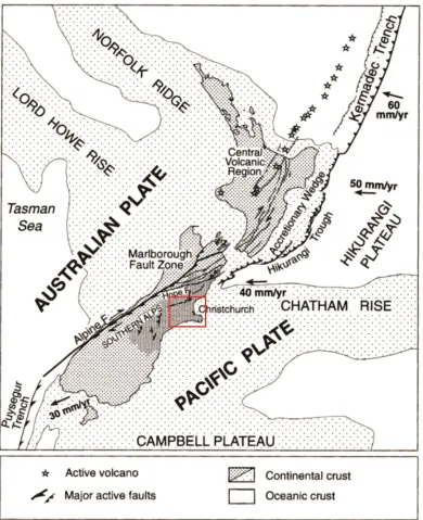 Figure 1.2. Regional tectonic map of New Zealand, showing plate boundary faults and other major  structures, relative plate motion, and larger continental area