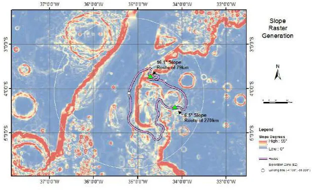 Fig. 7.  Map showing a slope raster generated from the MOLA DEM using ESRI’s ArcGIS Spatial Analyst toolset