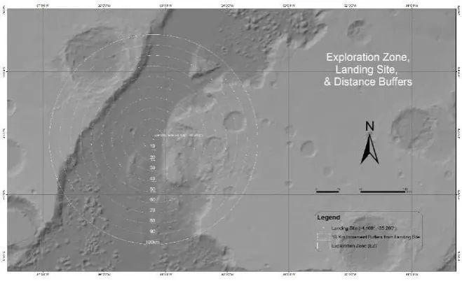 Fig. 9.  Map showing 10km buffer rings radiating from the land site, which is the center of the Exploration Zone